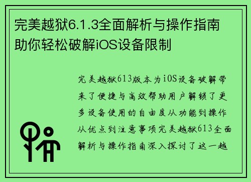 完美越狱6.1.3全面解析与操作指南 助你轻松破解iOS设备限制